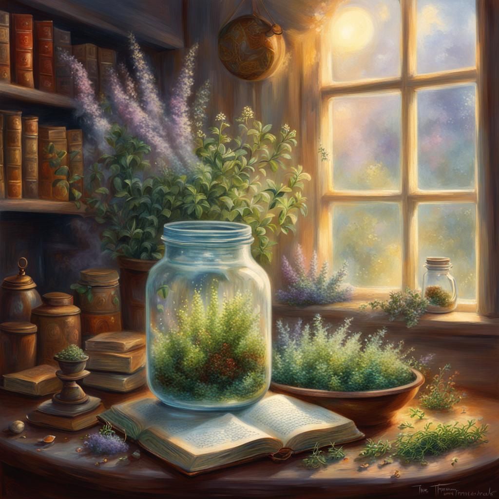 Ethereal Herbs Still Life as Kinkade Painting