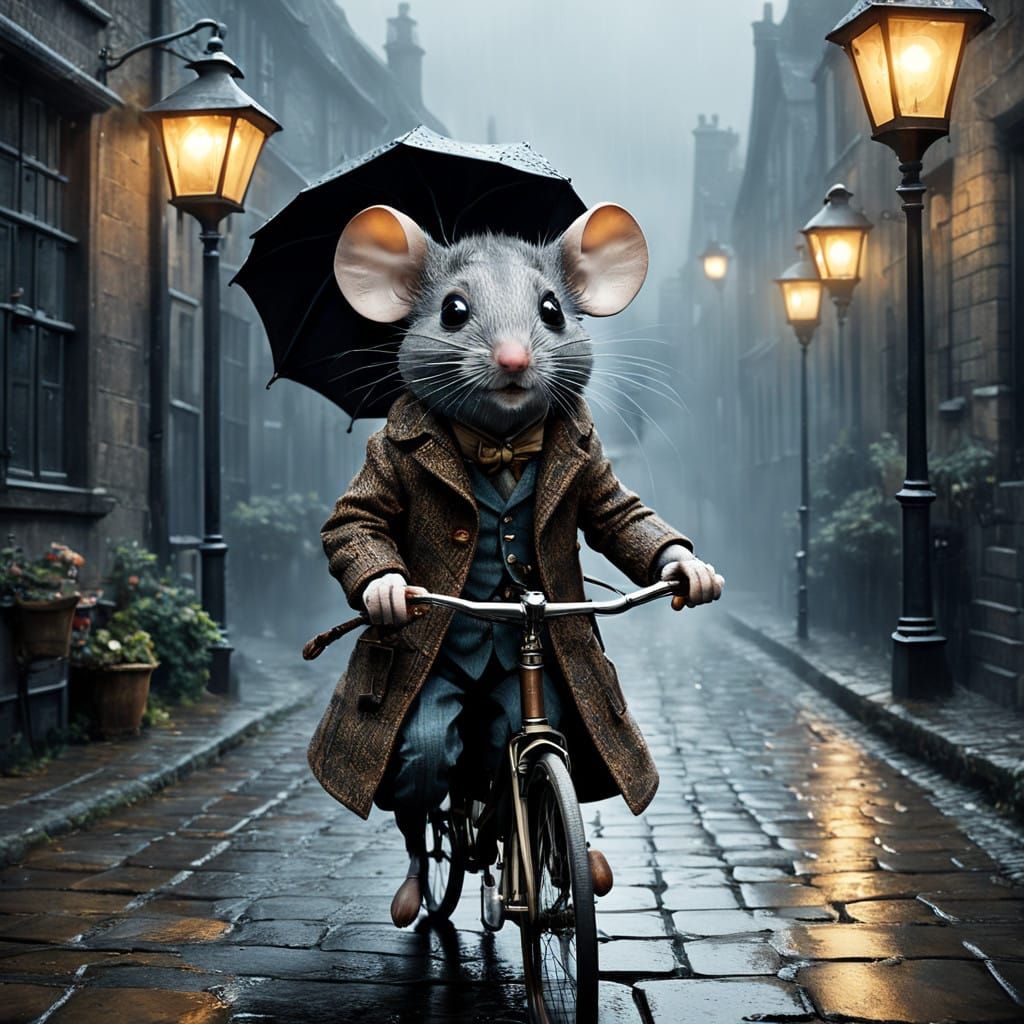 Whimsical Mouse Rider in a Rainy Street Scene, Inspired by B...
