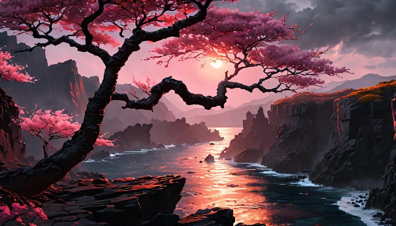 Sakura Tree on Lava Coast: A Luminism Oil Painting