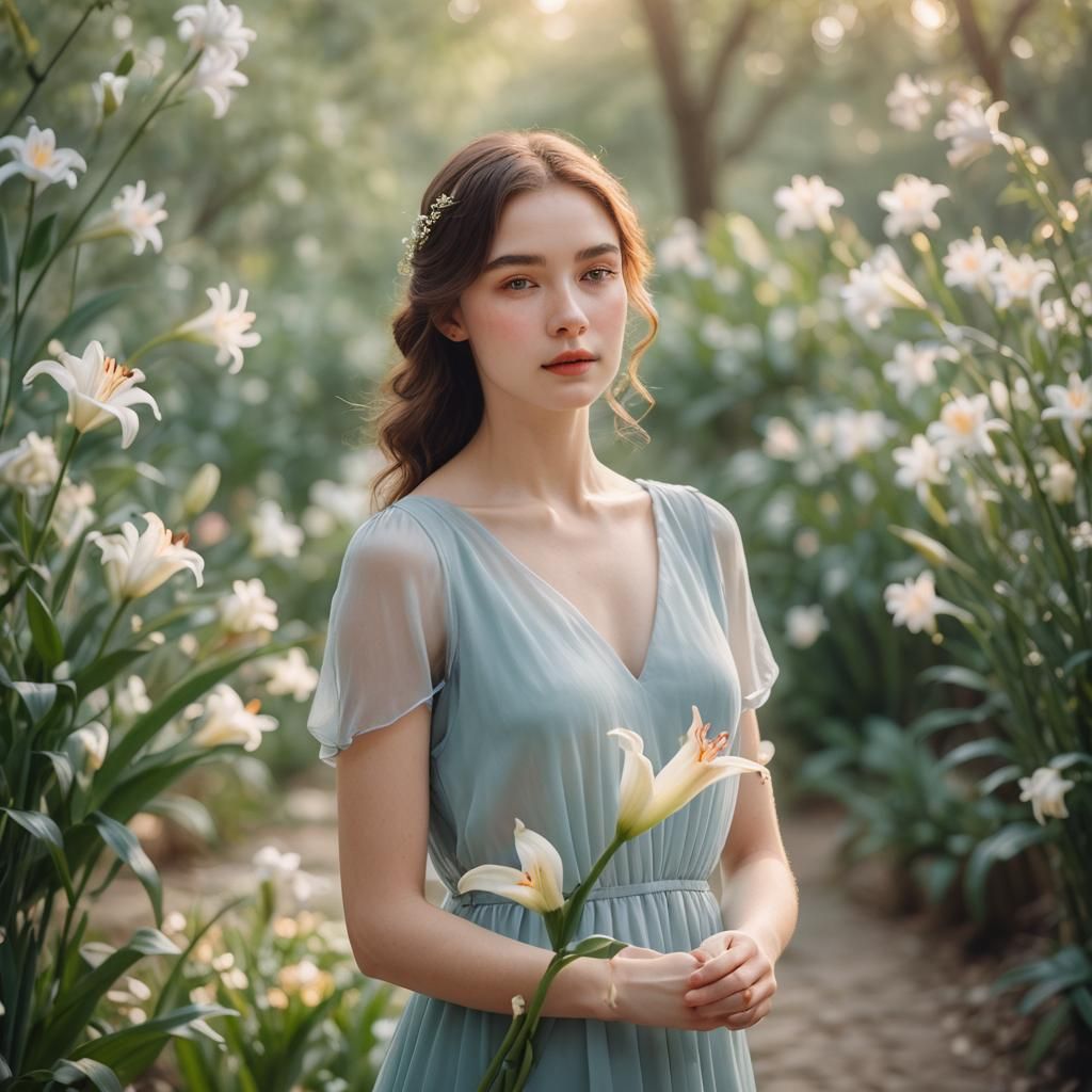Model in Blue Dress Holding Lily Flower