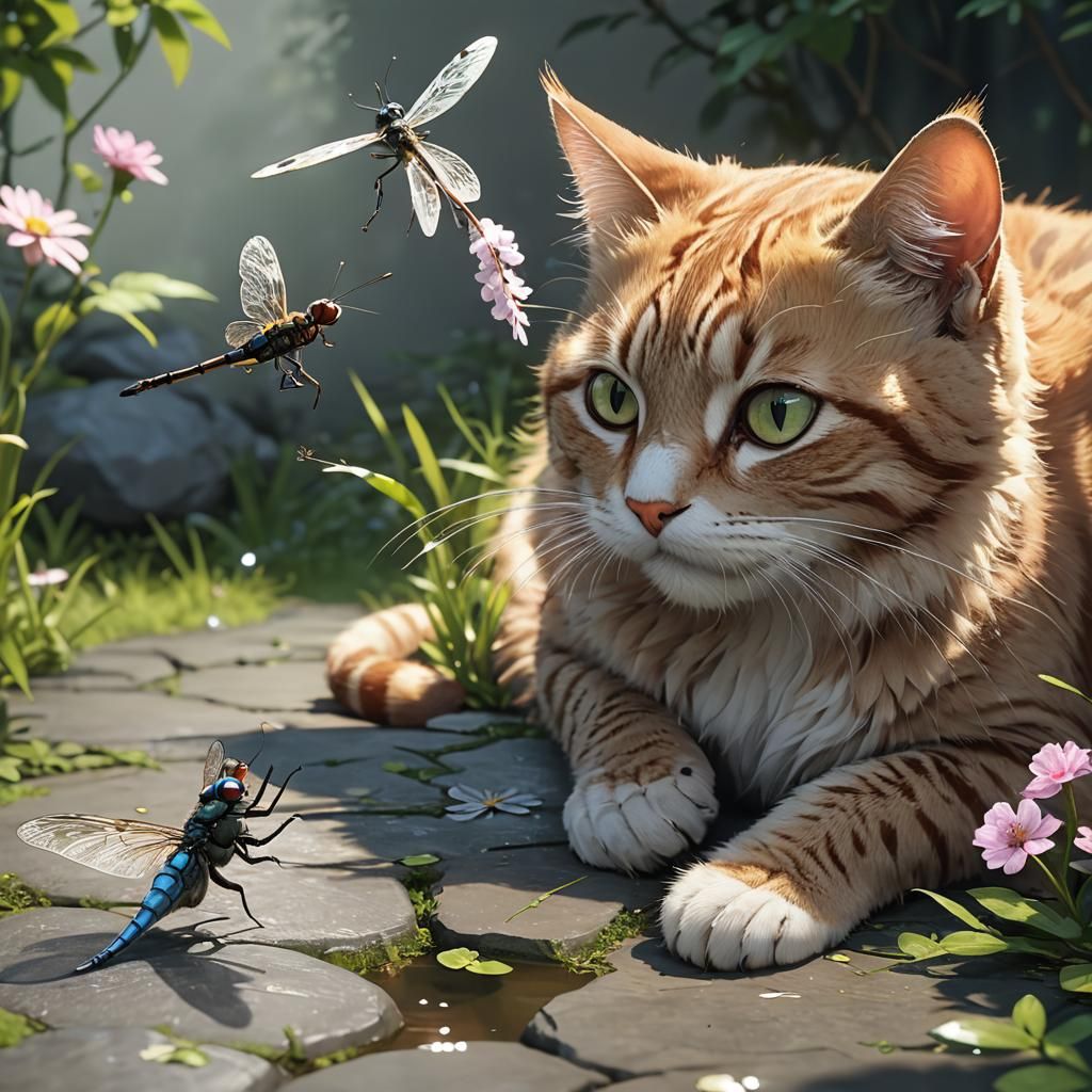 Cat and Dragonfly in Detailed 3D Anime Art