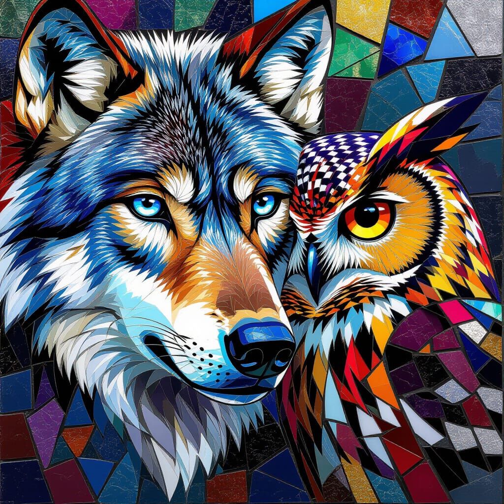Wolf and Owl Mosaic with Stained Glass Detail