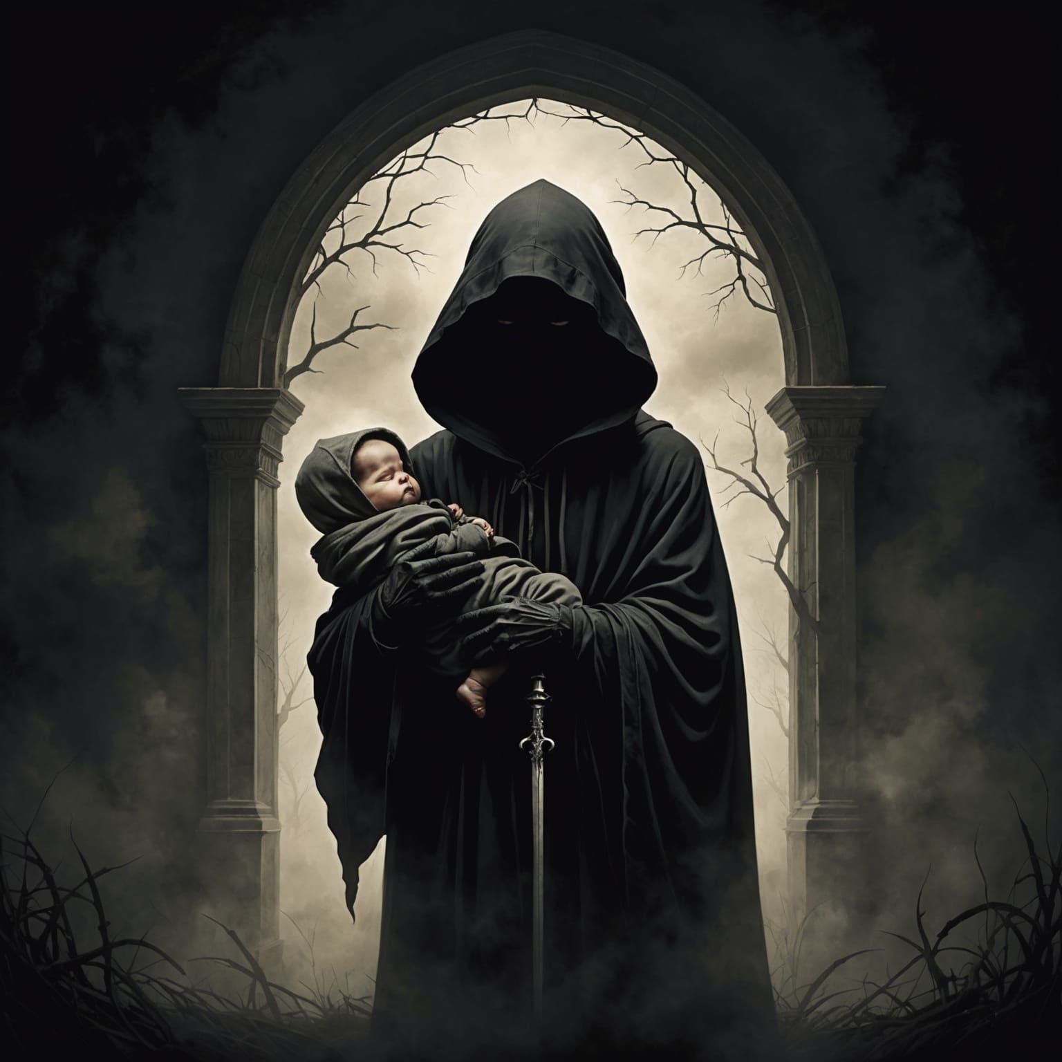 Infant in Grim Reaper Silhouette: Life and Death