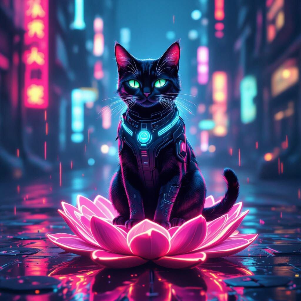 Cyberpunk Neon Cat Meditating on Glowing Lotus