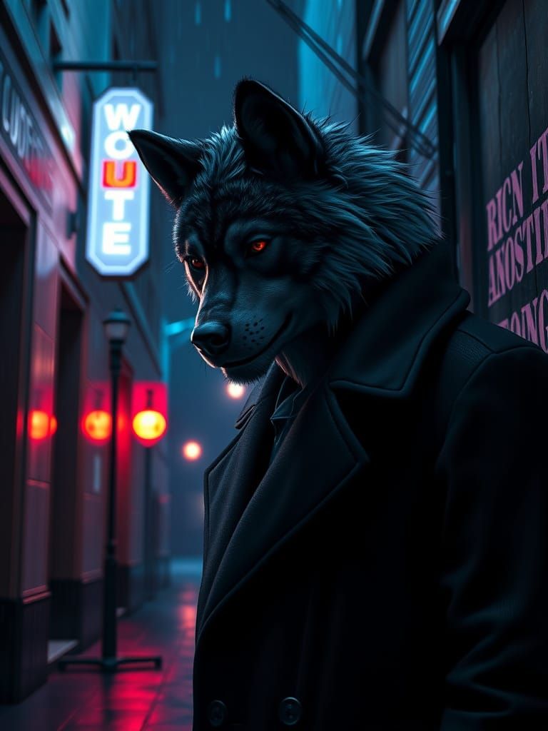 Neo-Noir Werewolf Detective in Moody Urban Alleyway