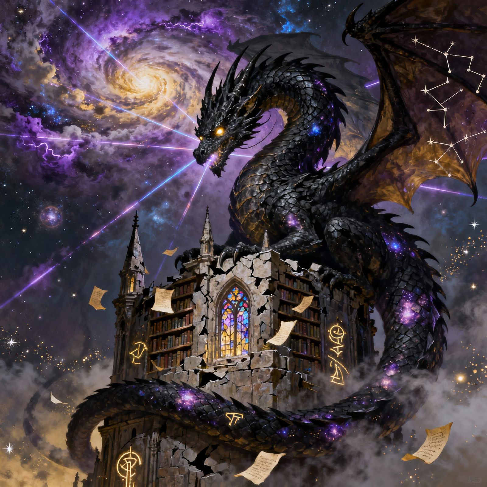 Epic Fantasy Dragon Coiled Around Ancient Library Tower