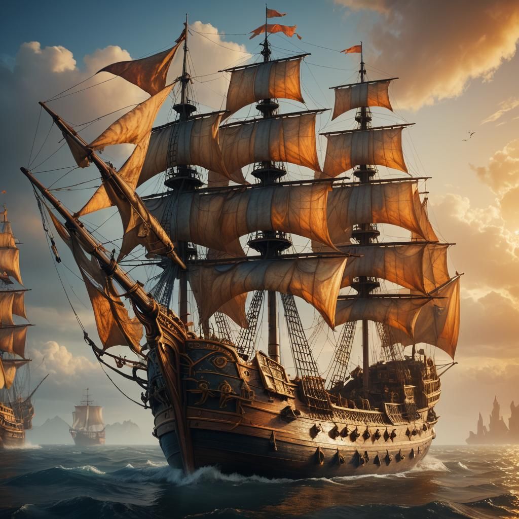 Mystical Ship Concept Art in Golden Light