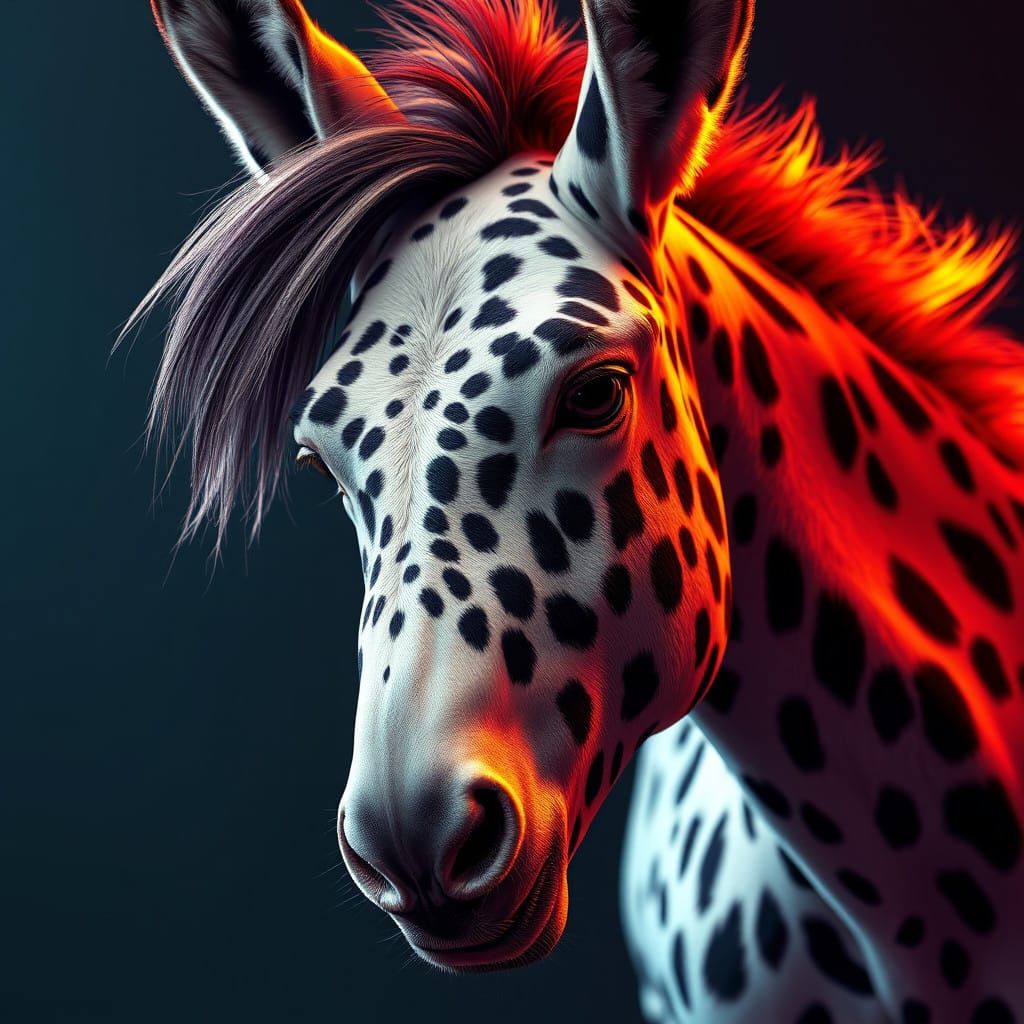 Hyper-Realistic Donkey in Vibrant Dalmatian-Inspired Fur