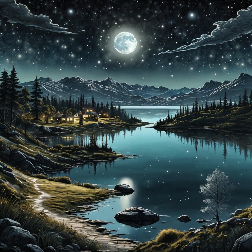 Mystical Lights on Boundless Lake, in Dark Fantasy Style