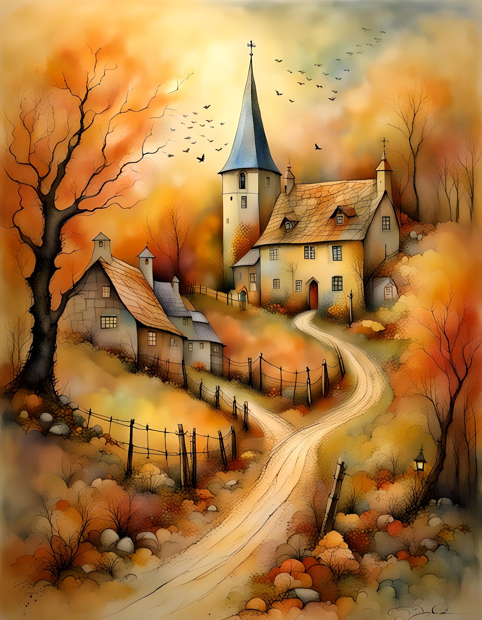 Autumn Village Scene in Visionary Art Style