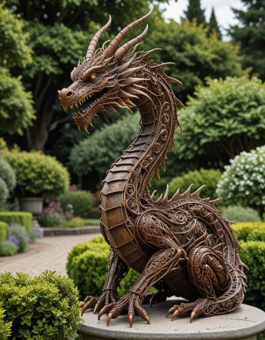 Detailed Rusty Wire Dragon Sculpture in Garden