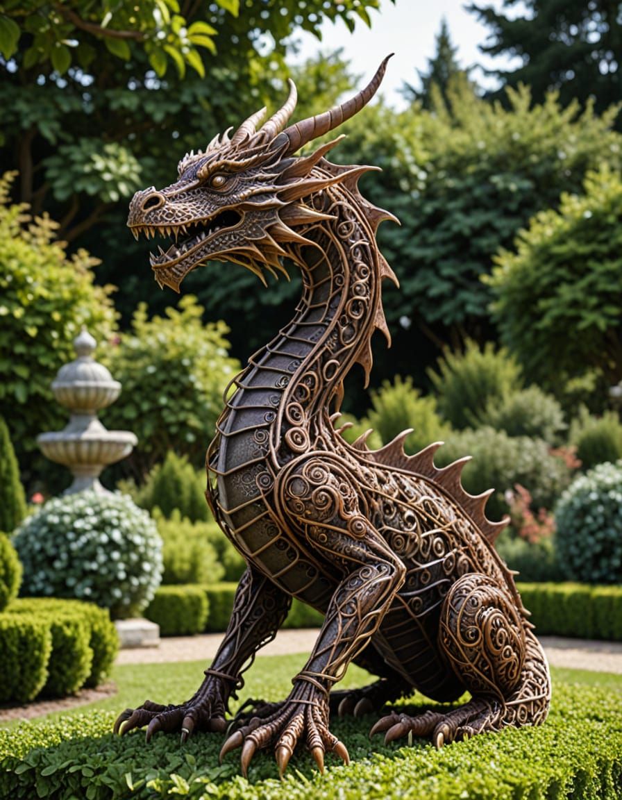 Detailed Rusty Wire Dragon Sculpture in Garden