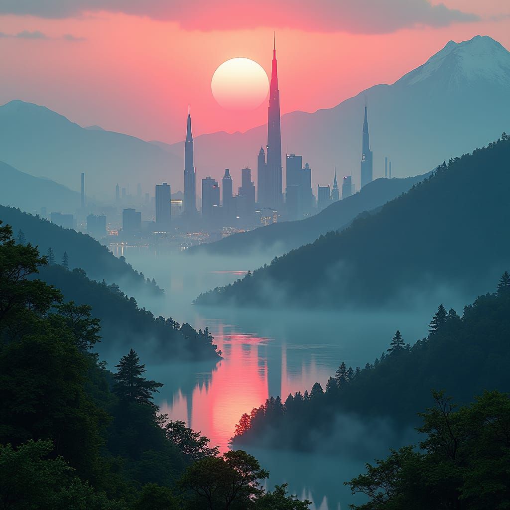 Cyberpunk City Amidst Nature's Beauty