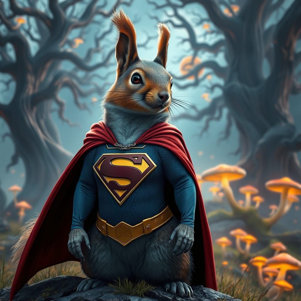 Majestic Squirrel in Superman Suit Against Dreamlike Landsca...