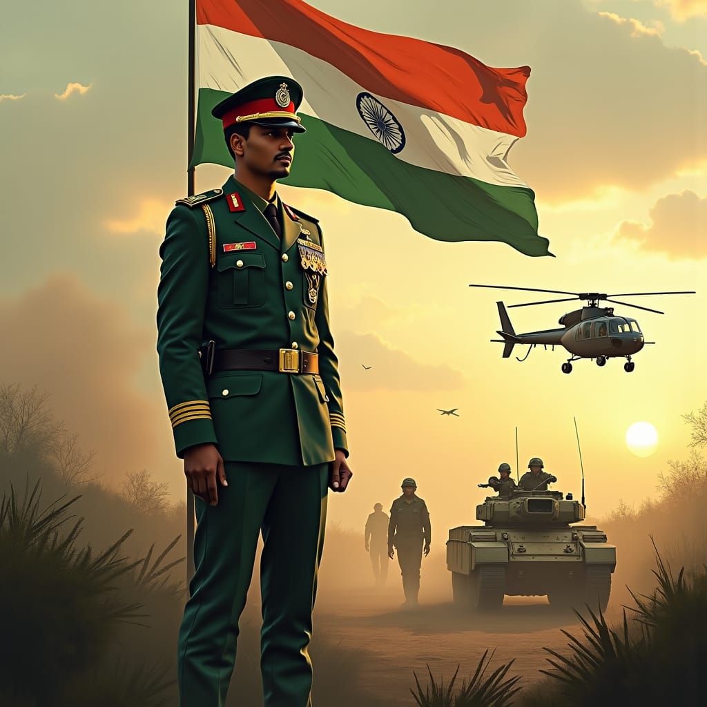 Indian Army Soldier Stands Tall Before Flag