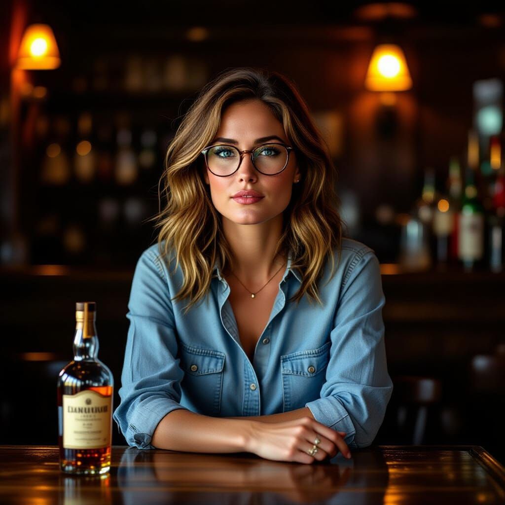 Woman at Dimly Lit Bar in Edward Hopper Style