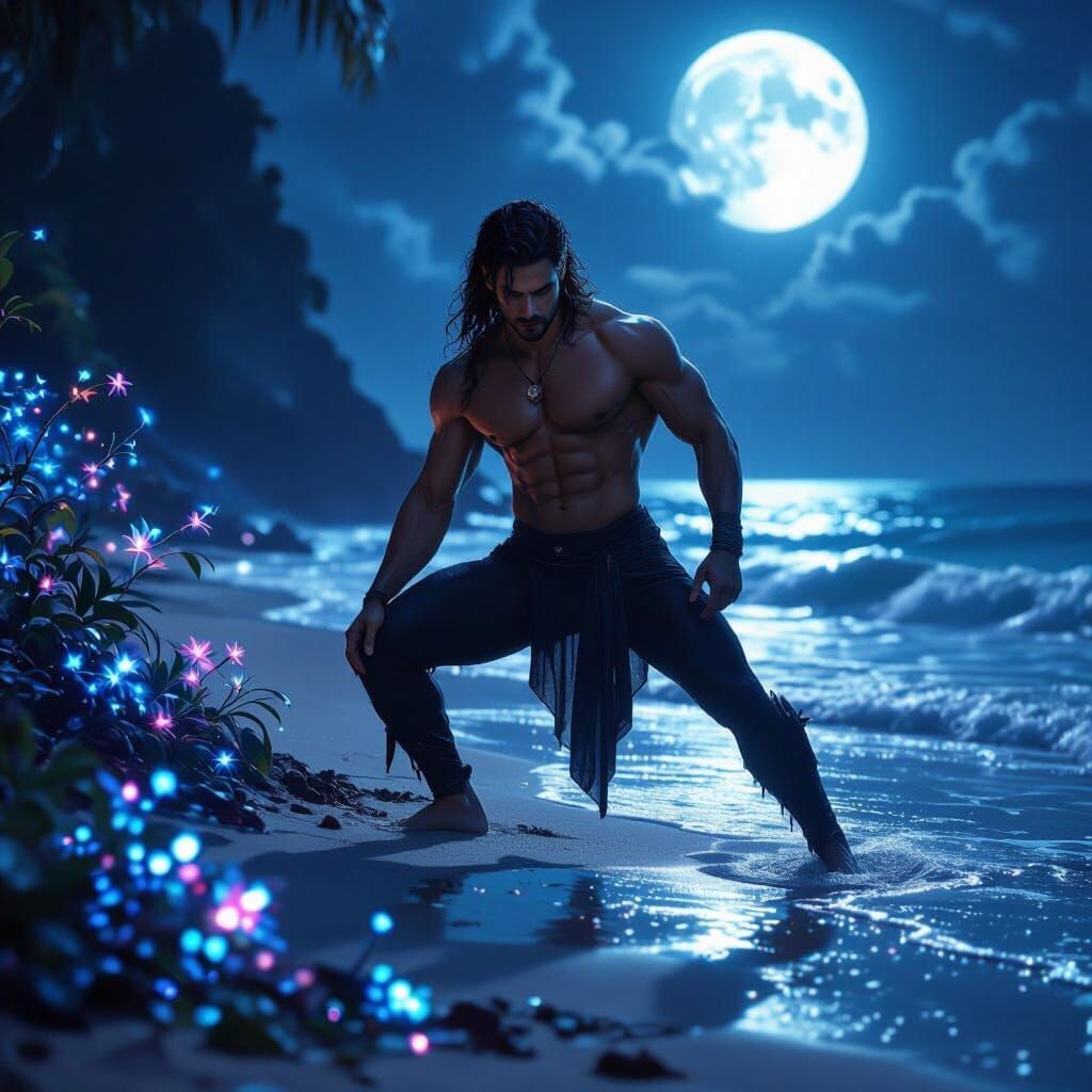 Toned Man Poses on Mystical Beach