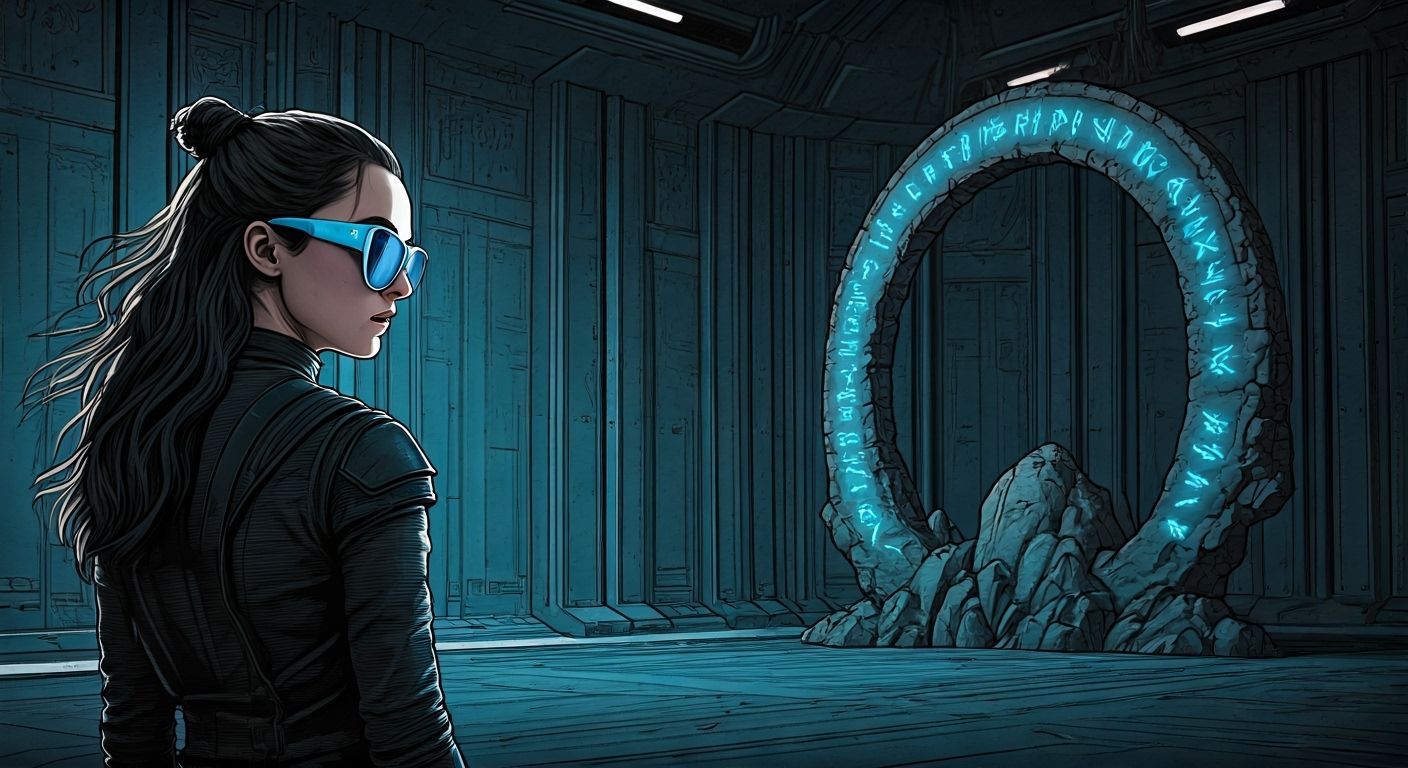 Futuristic Arc and Figure in Gritty Graphic Novel Style