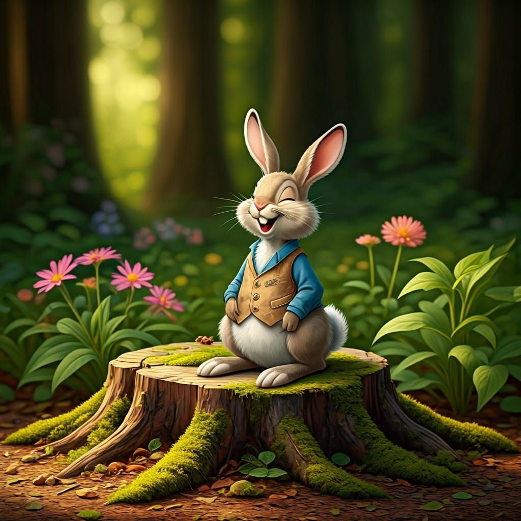 Whimsical Br'er Rabbit in a Sun-Dappled Forest Clearing