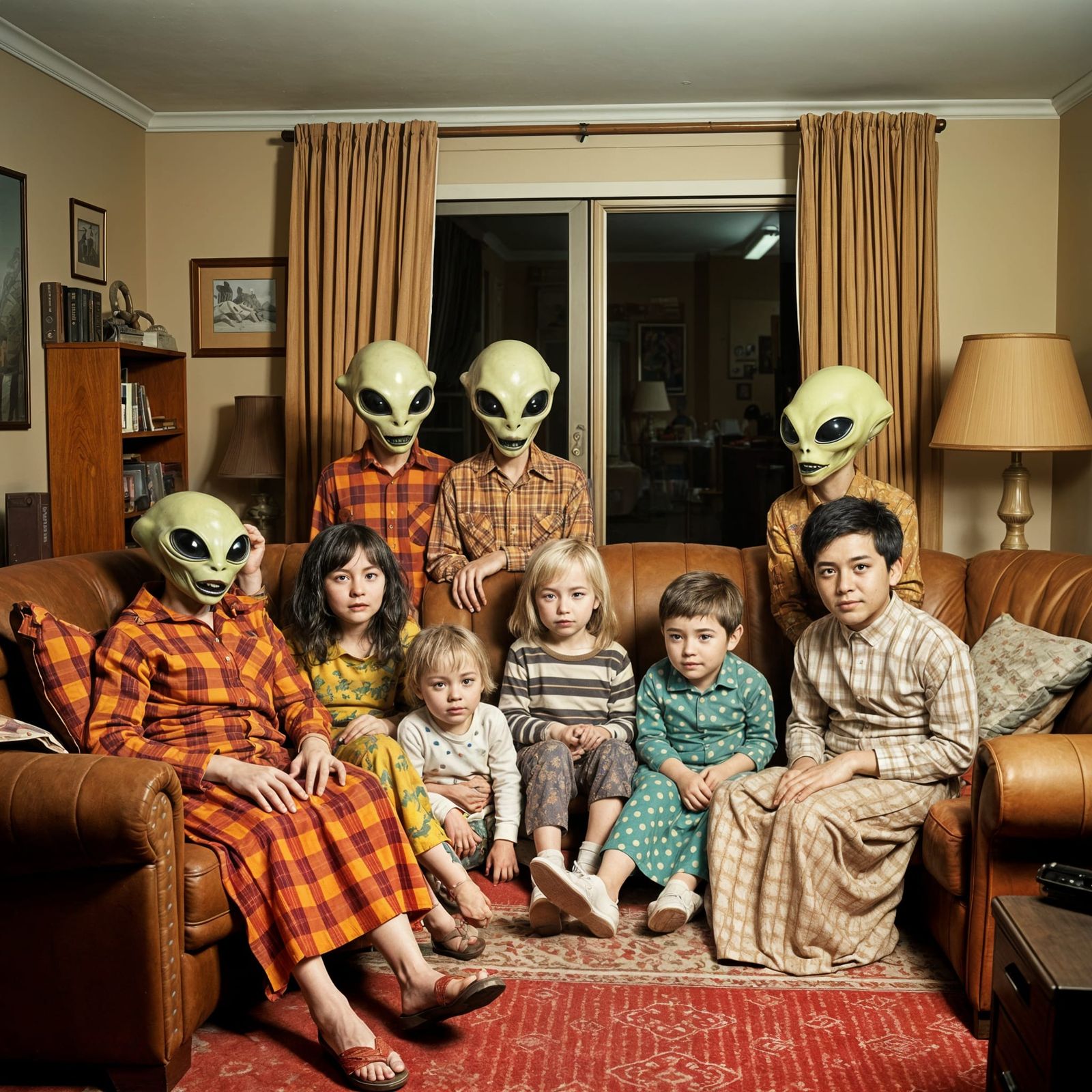 Alien Family in 80s Living Room