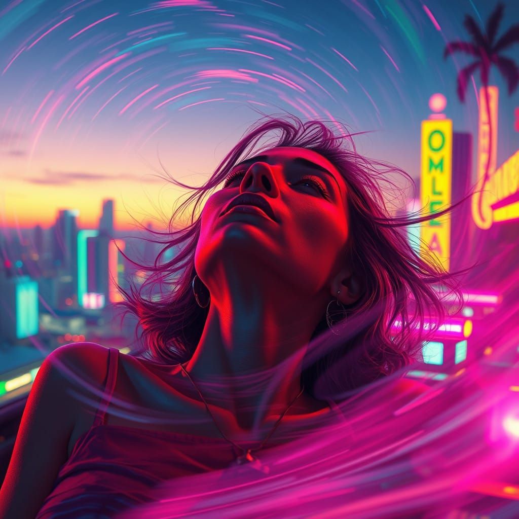Woman Lost in Retro-Futuristic Cityscape