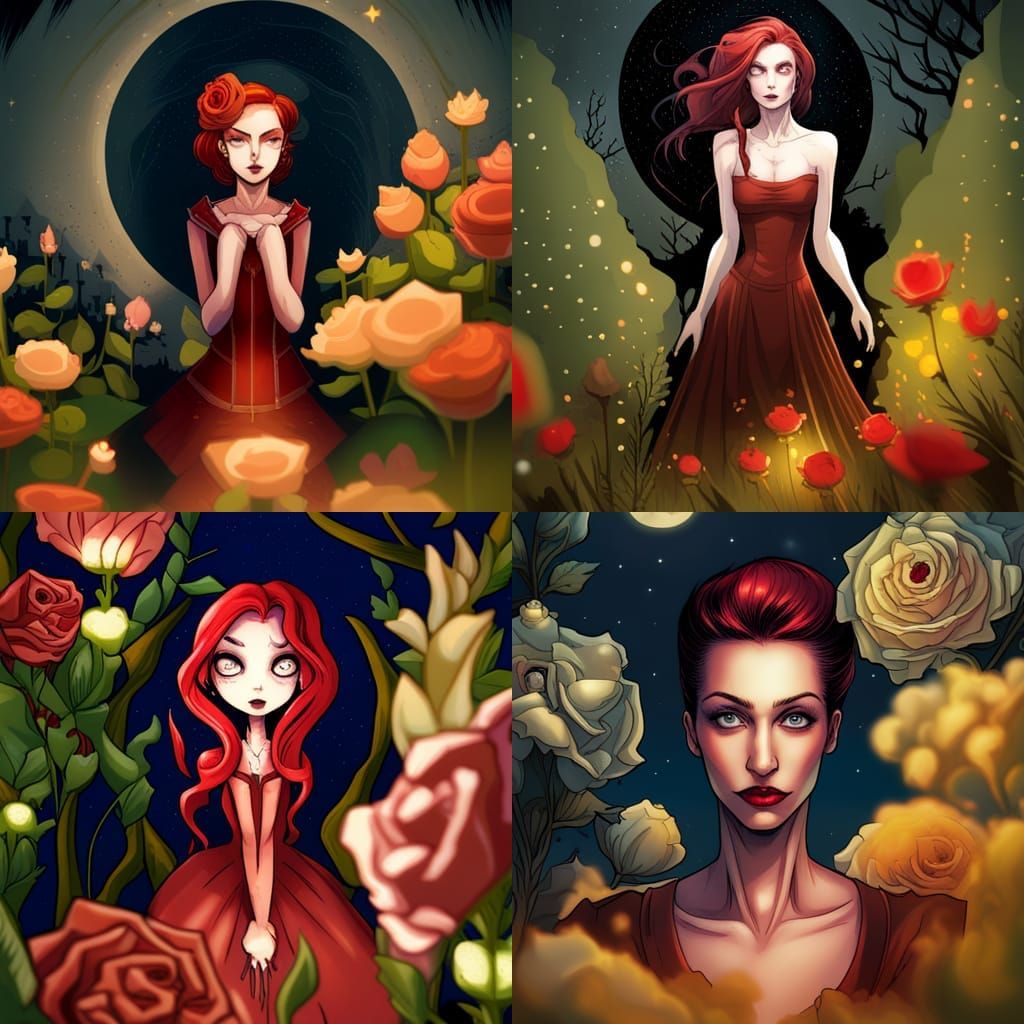 Gothic Cartoon Princess in Crimson Rose Garden
