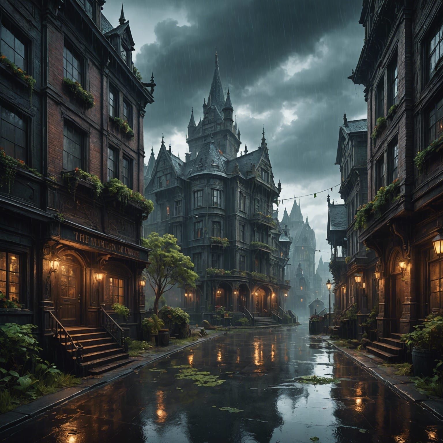Fantastical Rainy Scene in Detailed Matte Painting
