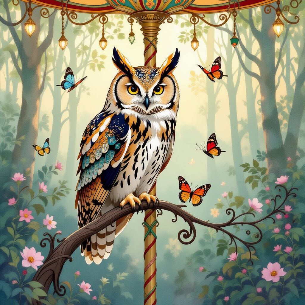 Art Nouveau Owl on Whimsical Carousel Branch