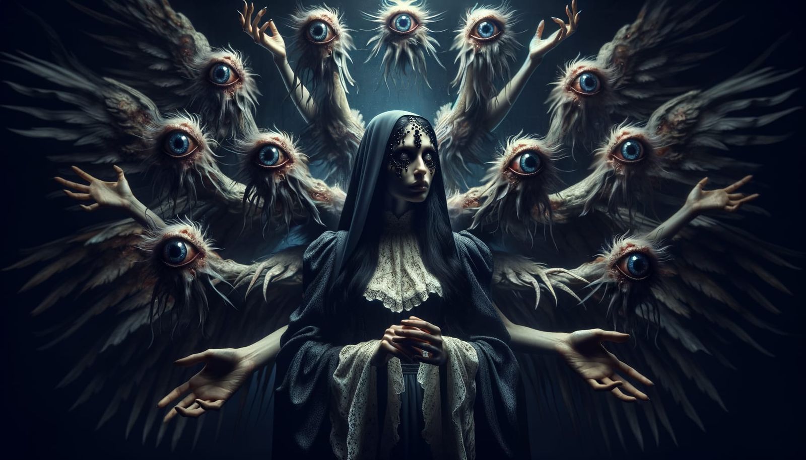 Enigmatic Woman in Shadow with Winged Eyes