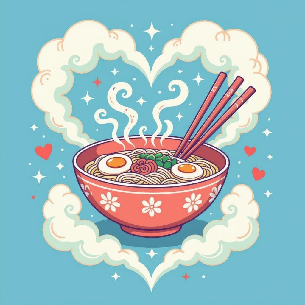 Smiling Ramen Bowl Print in Pastel Colors