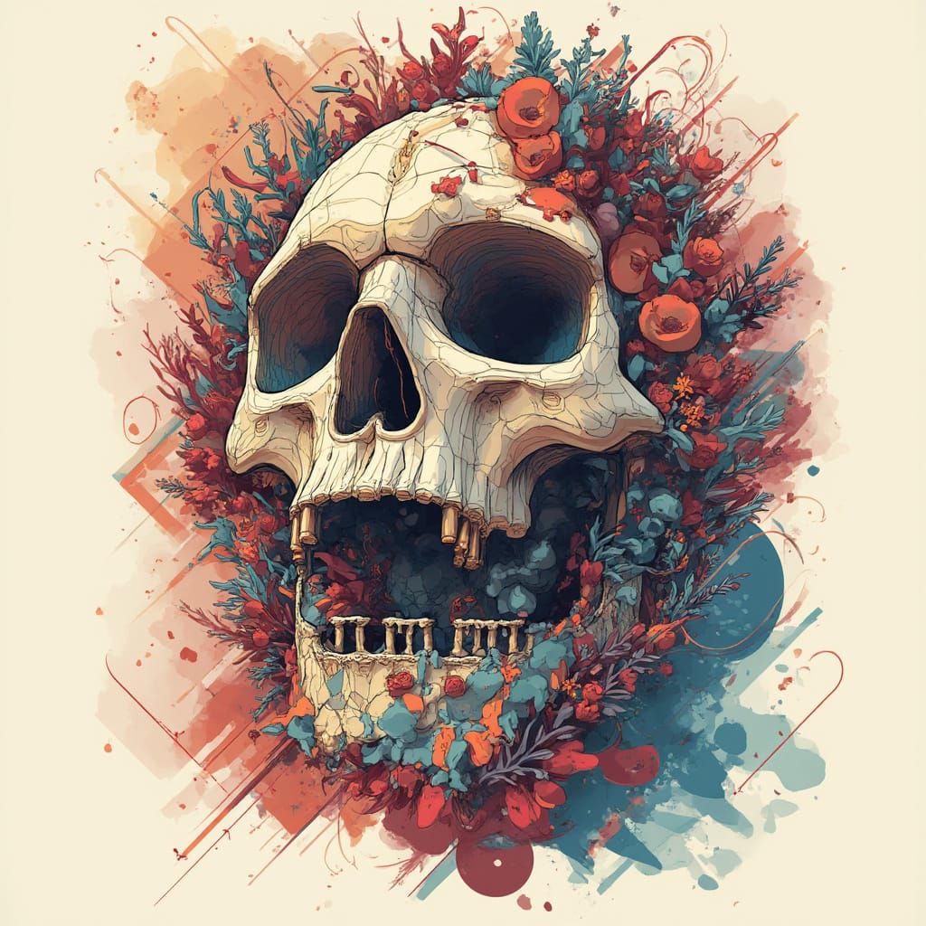 Vibrant Geometric Skull with Abstract Floral Patterns
