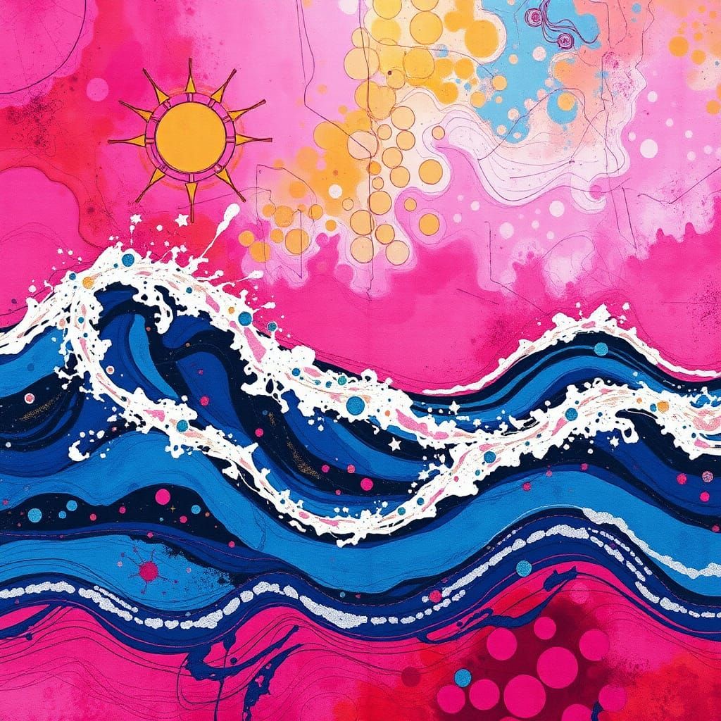 Abstract Pink Ocean Waves in Batik Style