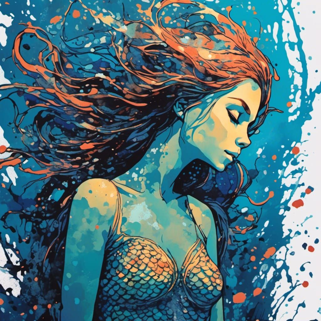 Bioluminescent Mermaid in Deep Ocean Watercolor