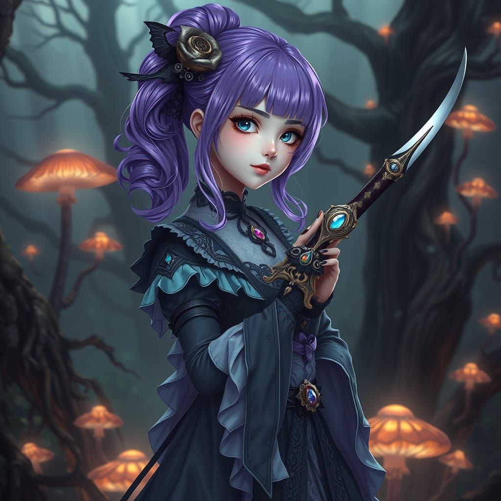 Ethereal Gothic Lolita Maiden Wields Sword in Mystical Fores...