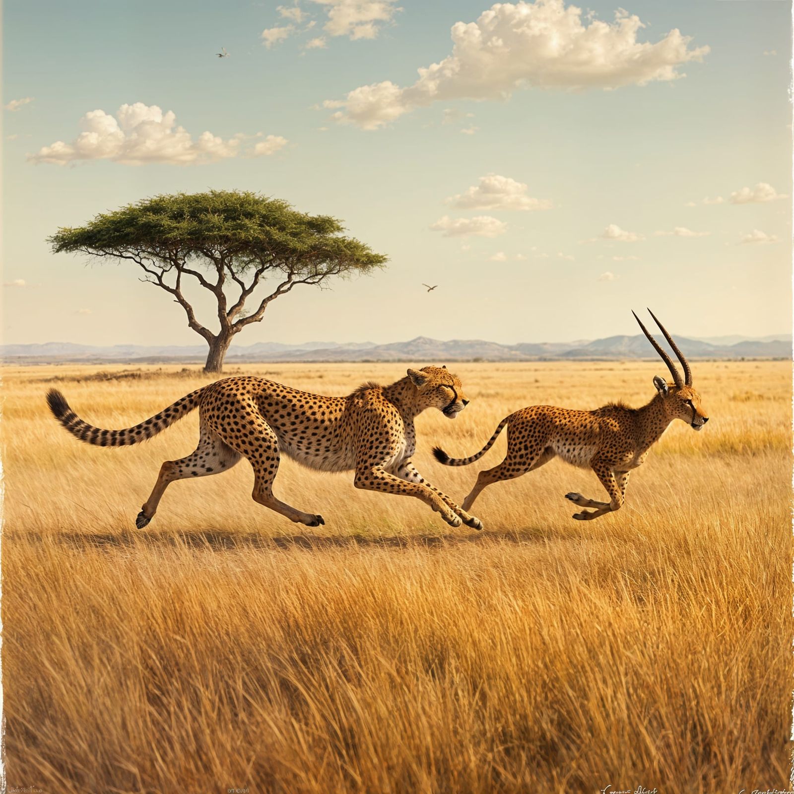 Dramatic Painting of Cheetah Chasing Gazelle on Savannah
