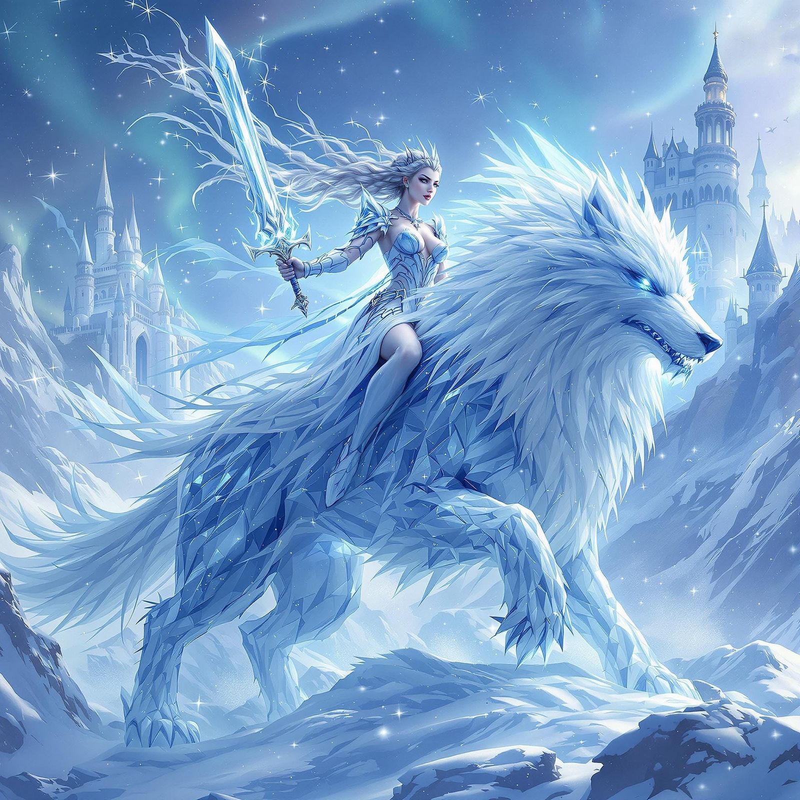 Ethereal Ice Sorceress Queen on Her Shimmering Ice Beast