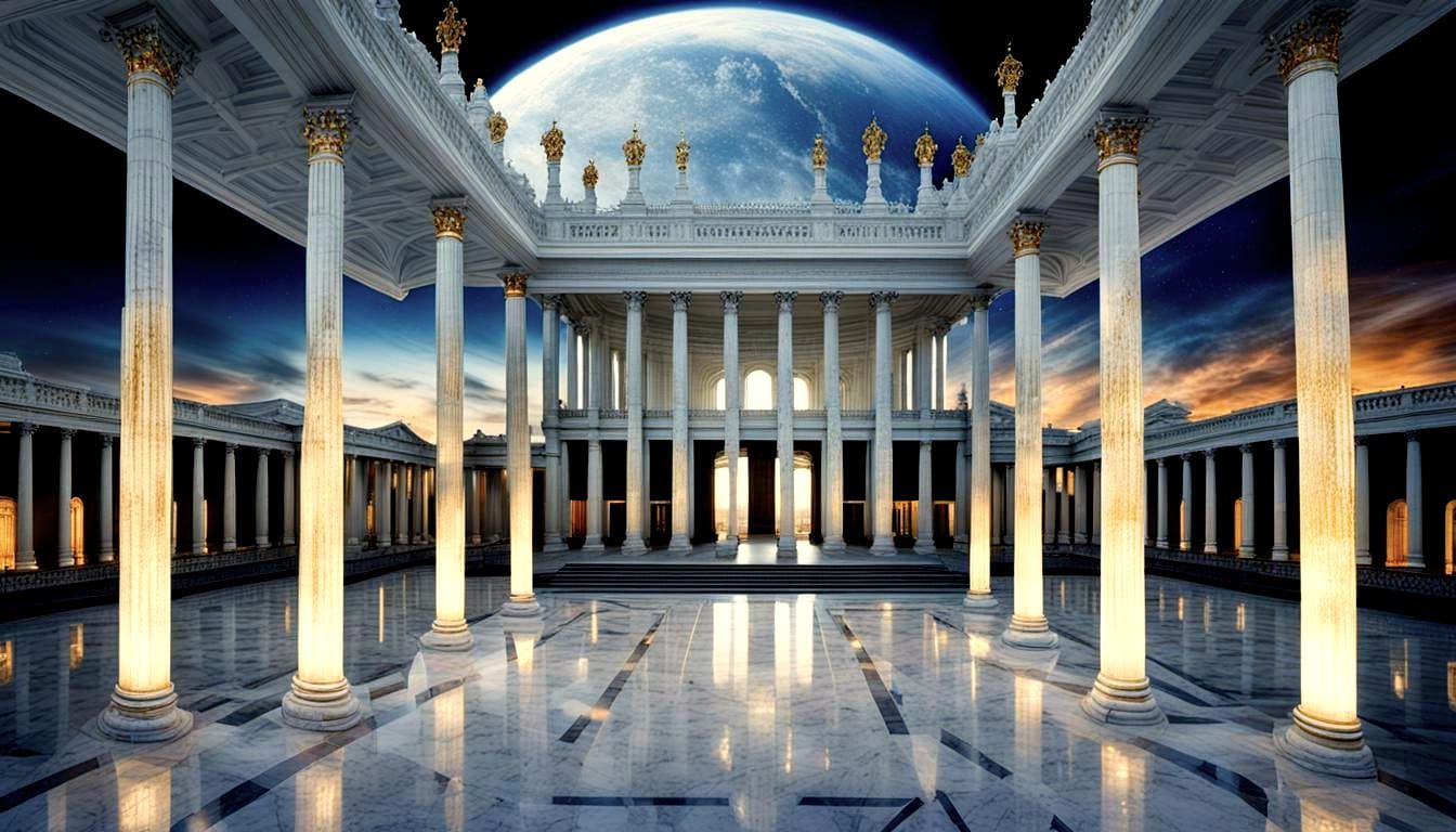 Twilight Grand Hall with Reflective Columns