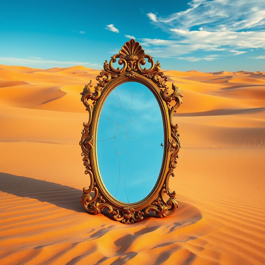 Golden Mirror Amidst Desert Dunes in Surreal Style