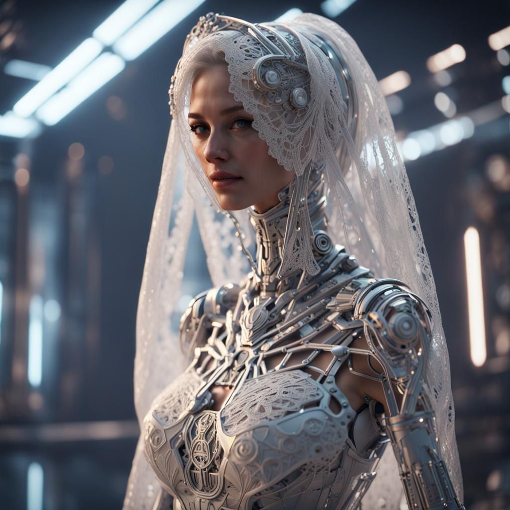 Futuristic Robotic Bride with Lace Veil in Sci-Fi Style