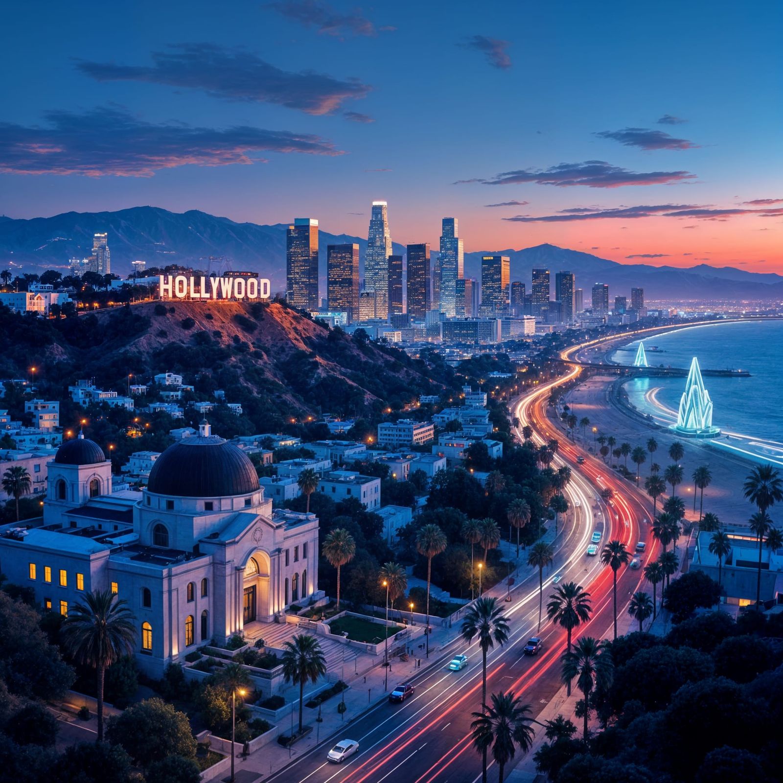 Los Angeles Reimagined: Hyperrealistic Bird's-Eye Twilight V...