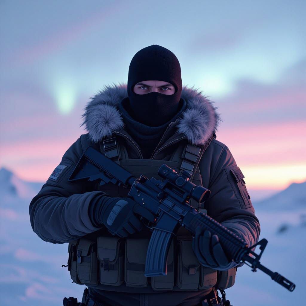 Arctic Soldier in Tactical Gear with AKMS