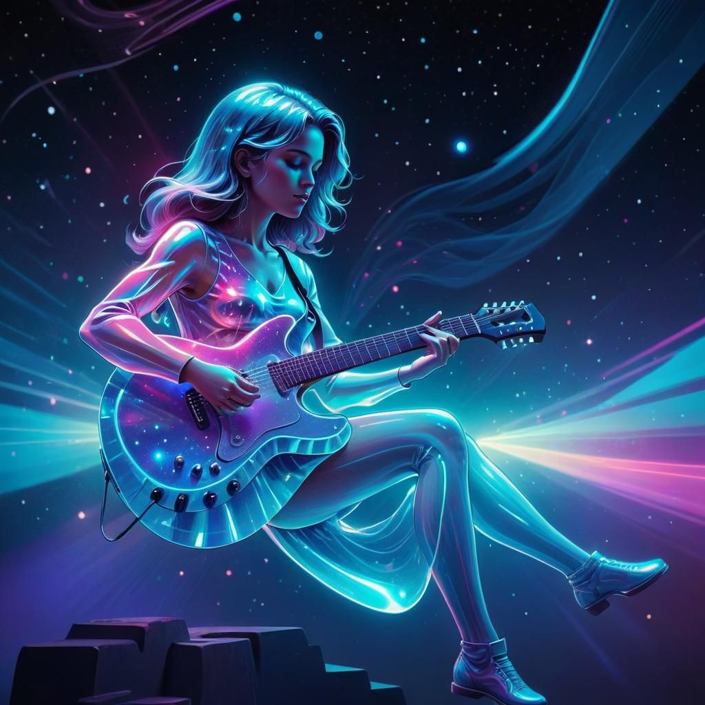 Holographic Guitarist Among Stars in Synthwave Style