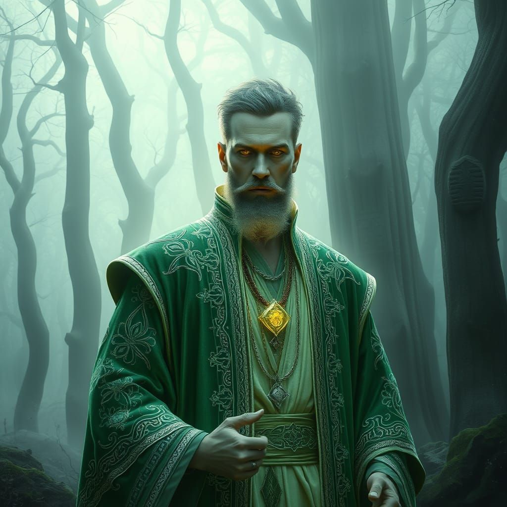 Mystical Glowing Man in Emerald Forest, Fantasy Art
