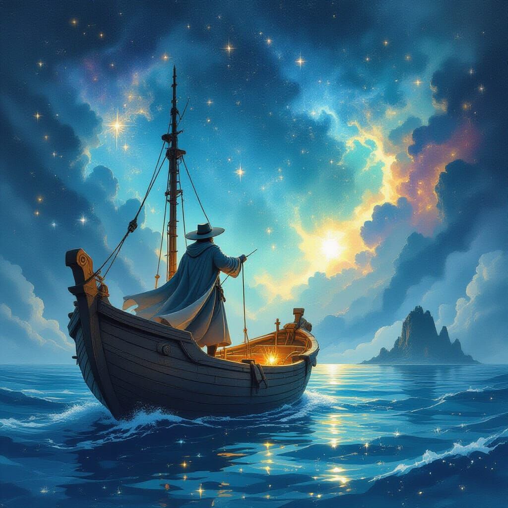 Explorer Navigates Celestial Ocean in Watercolor Style