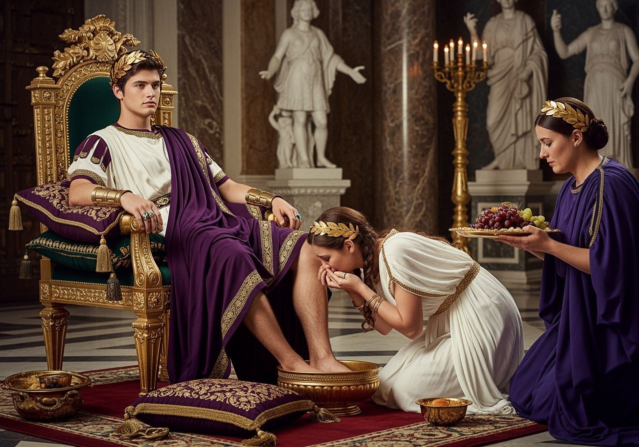 Regal Roman Emperor on Gold Throne in Opulent Palace