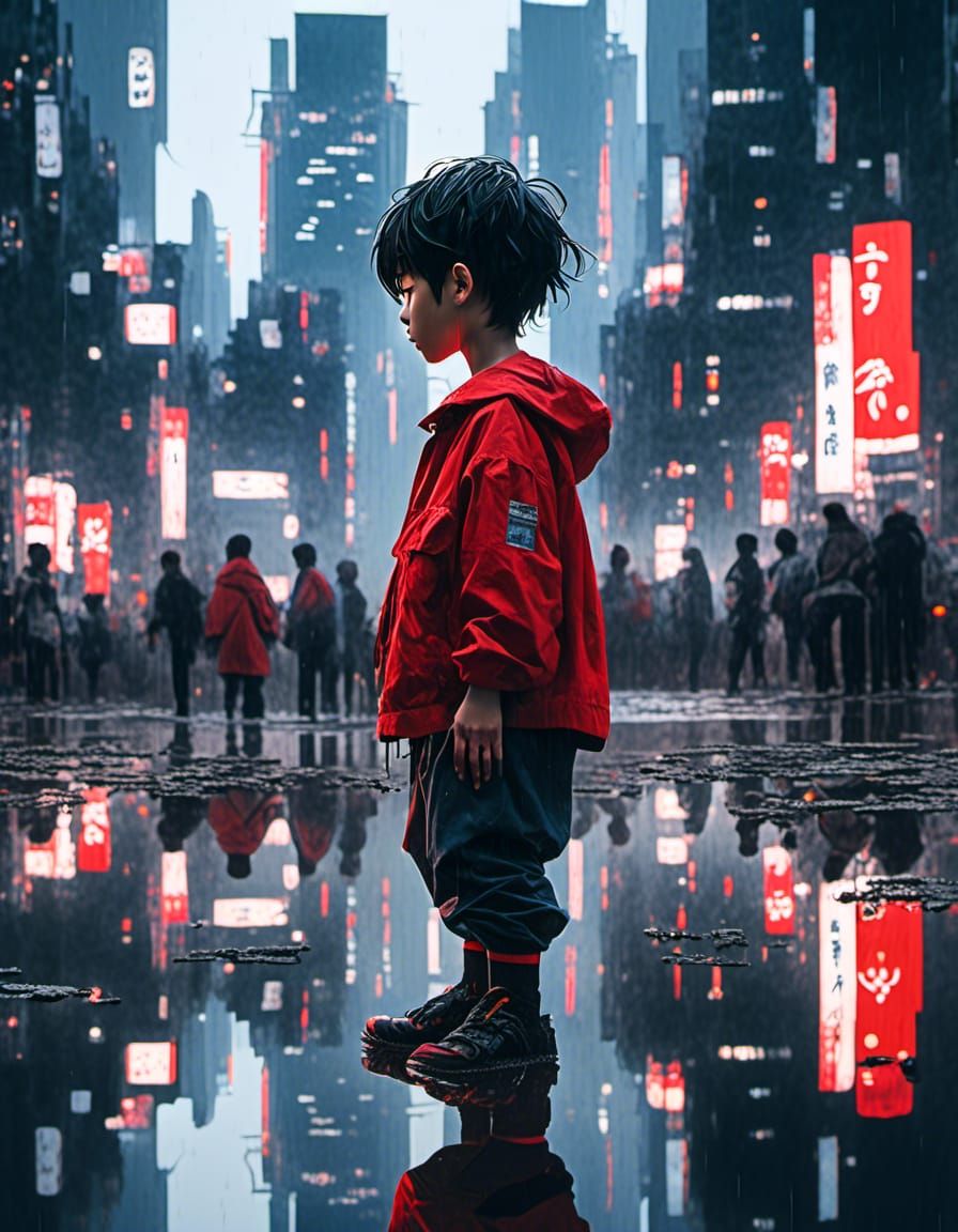 Boy in future Tokyo stares at himself in a puddle