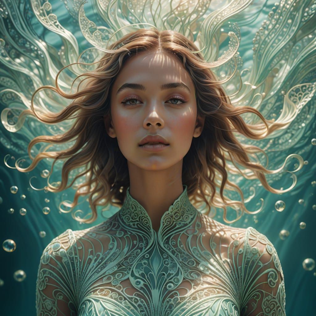 Underwater Woman in Seafoam Dress: Surreal Close-Up