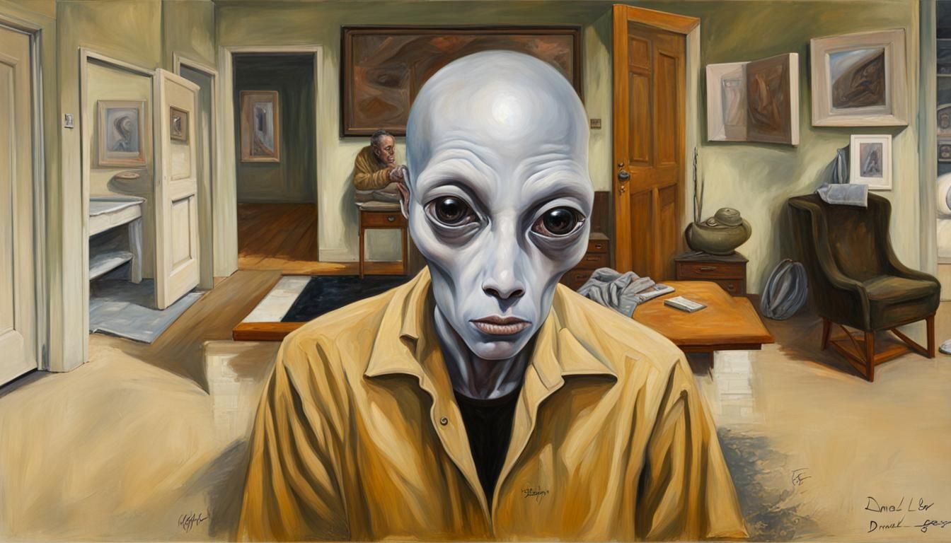 Grey Alien Portrait in Detailed Oil Painting