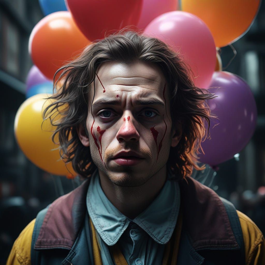 Hyperrealistic Clown Portrait in a Moody Cinematic Setting