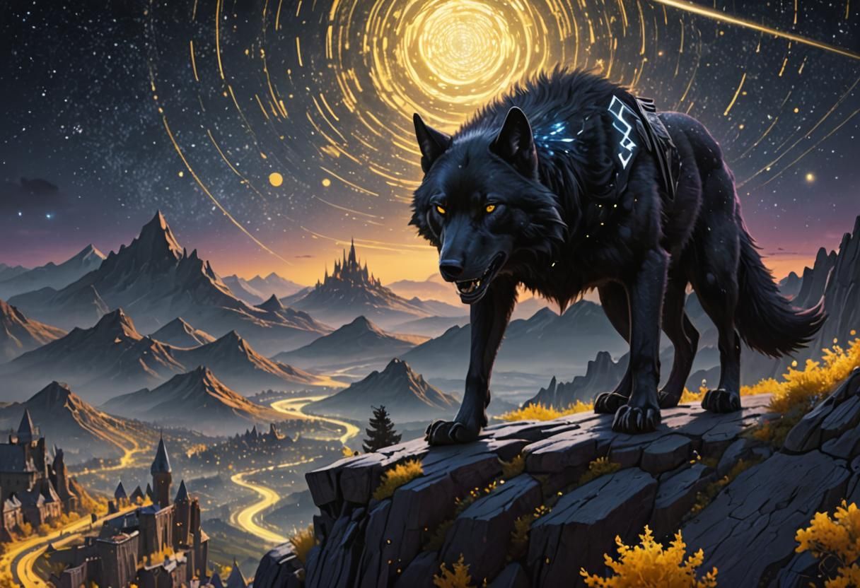 Giant Wolf Dreamscape Under Purple Light, Digital Art